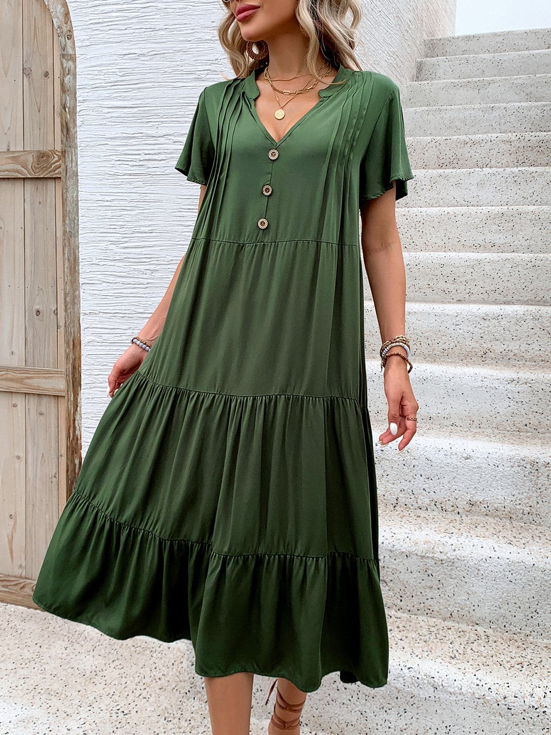 Tiered Notched Short Sleeve Midi Dress.