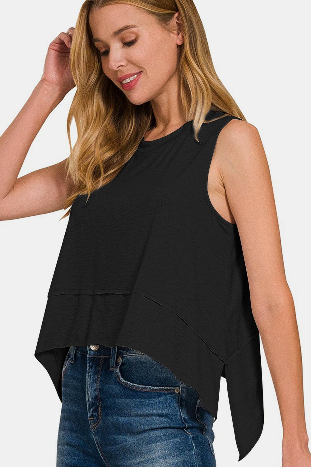 Zenana Exposed Seam Slit Round Neck Tank.