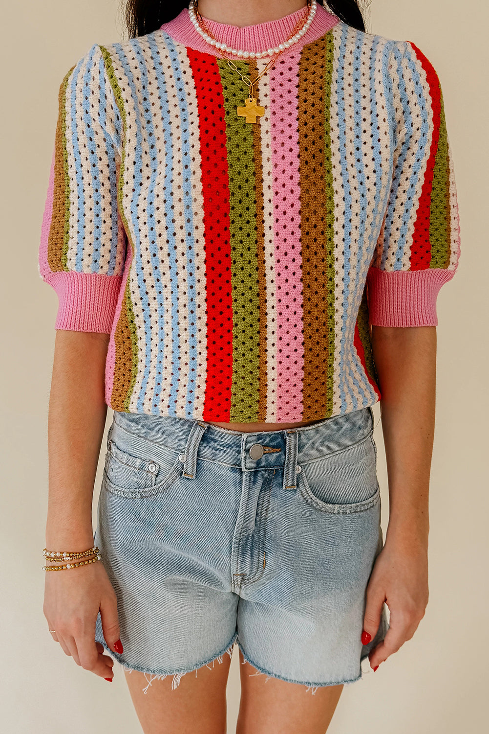 Multicolour Striped Pointelle Knit Short Sleeve Sweater Dear-Lover Dropshipping