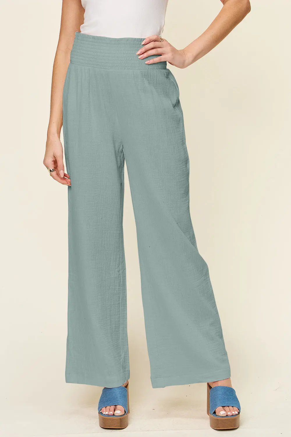 Double Take Full Size Texture Smocked Waist Wide Leg Pants - Love Salve