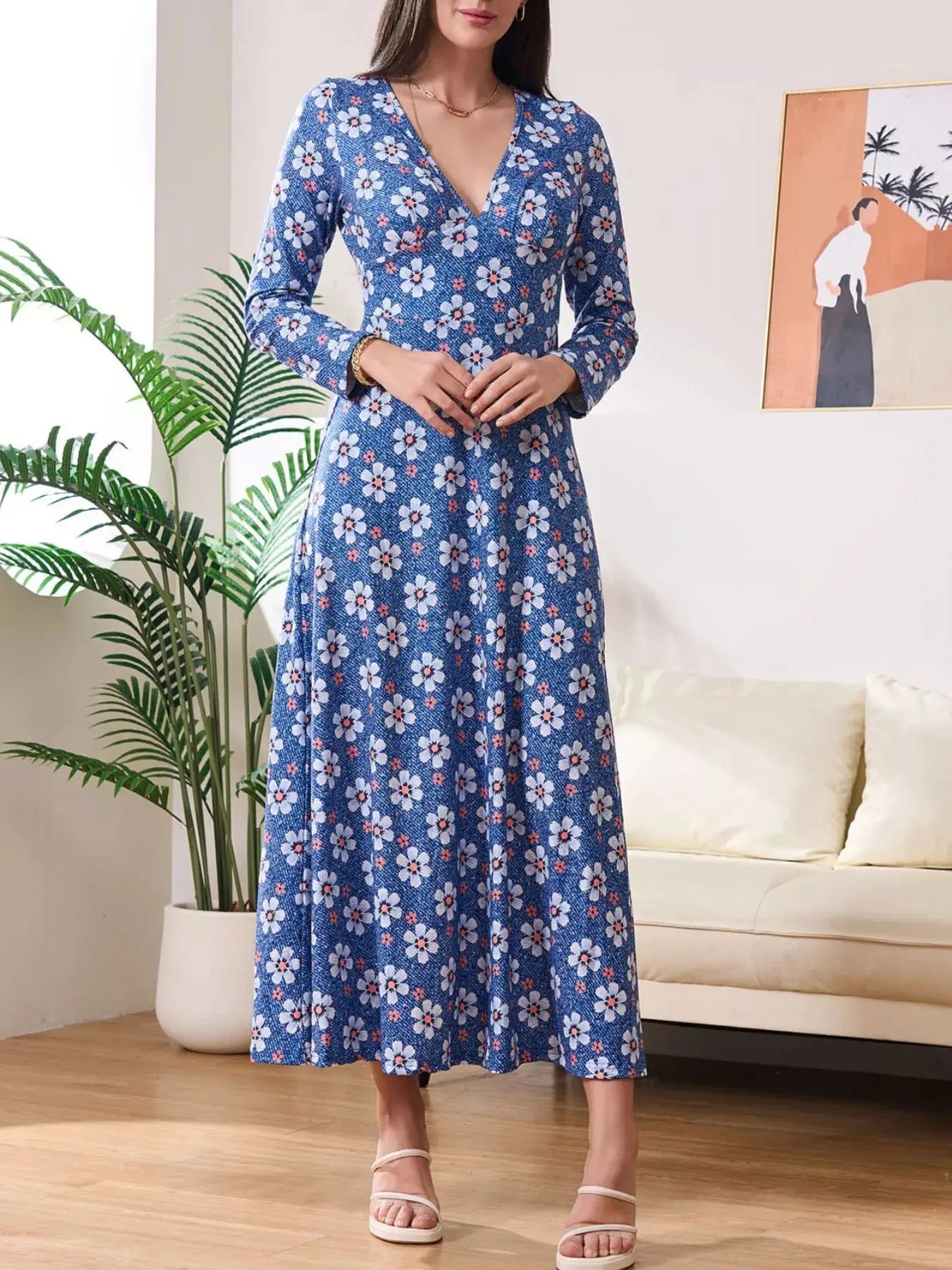 Floral Print V-Neck Long Sleeve Midi Dress Simply Love