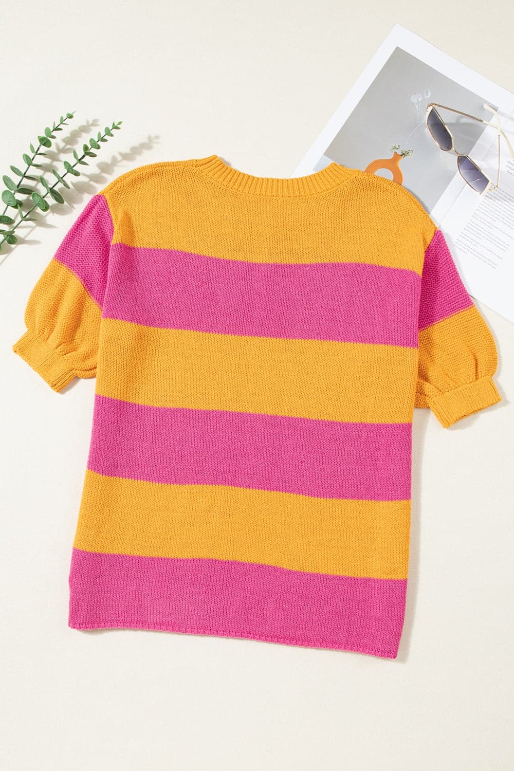 Color Block Round Neck Short Sleeve Knit Top.