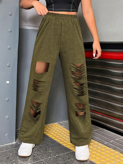 Distressed Straight Leg Pants with Elastic Waistband