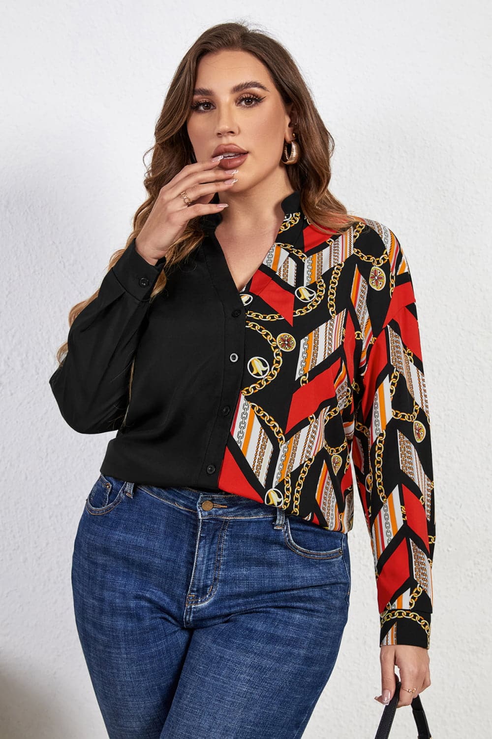 Melo Apparel Plus Size Contrast Color Notched Neck Shirt.