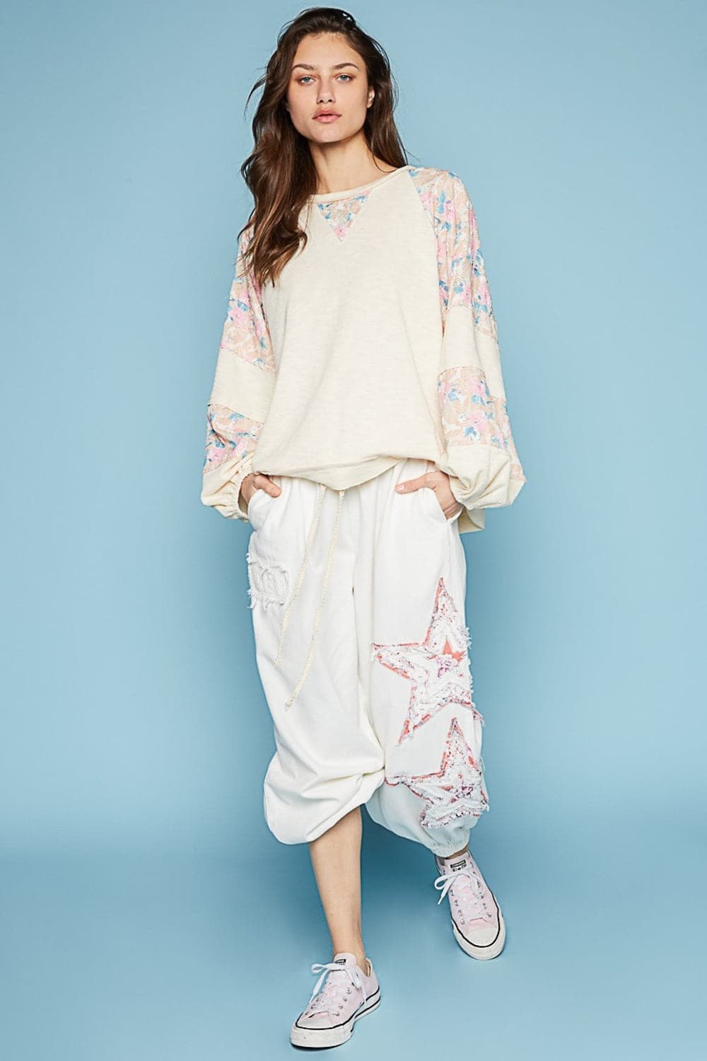 POL Round Neck Balloon Floral Long Sleeve Top.