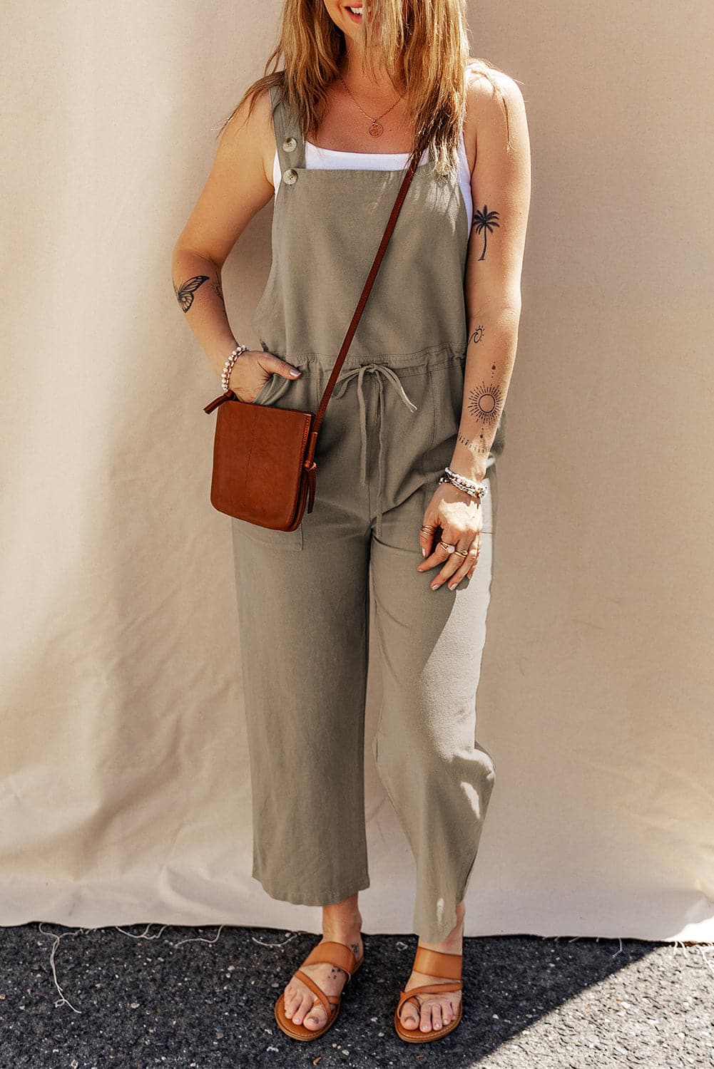 Drawstring Wide Strap Overalls with Pockets.