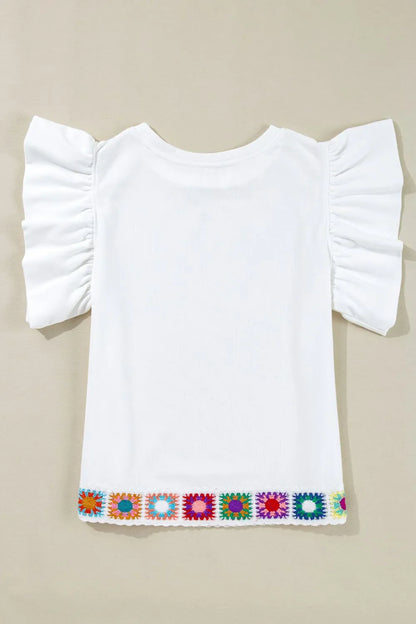 Floral Crochet Patched Ruffled Sleeve Crewneck Blouse