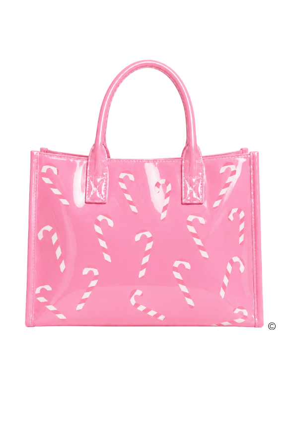 Pink Peppermint Vinyl Tote Bag With Candy Cane Print