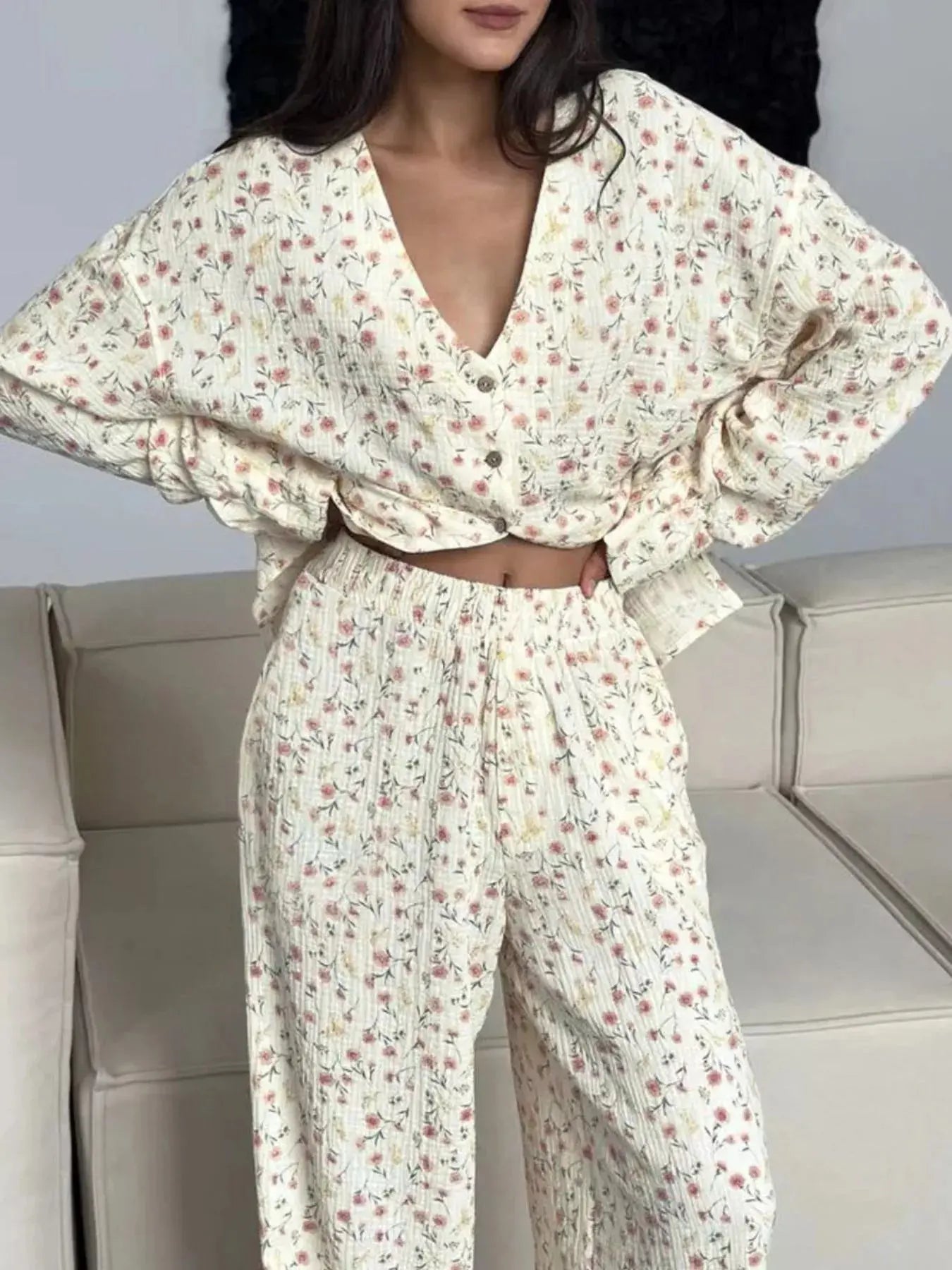 Floral Print Button-Down Top and Pants Lounge Set Simply Love