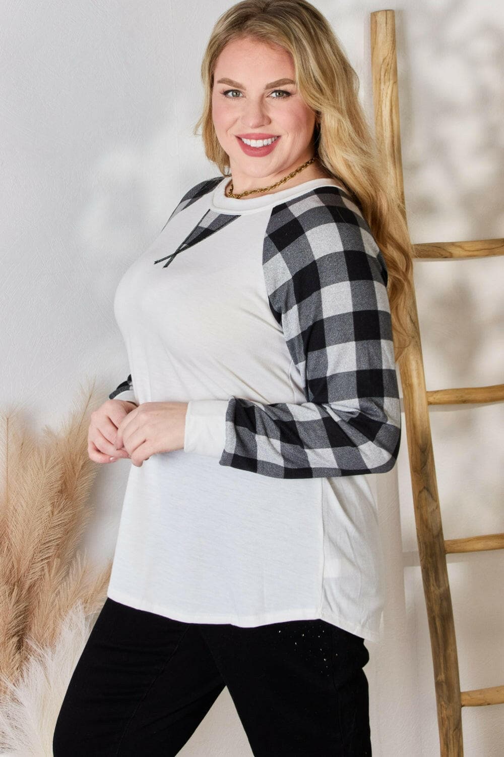 Hailey & Co Full Size Plaid Raglan Sleeve Round Neck BlouseUpgrade Your Style with Hailey &amp; Co Plaid Raglan Sleeve Blouse
 Revamp your wardrobe with our Full Size Plaid Raglan Sleeve Round Neck Blouse by Hailey &amp; Co.Love Salve Full Size Plaid Raglan Sleeve Round Neck BlouseBlouses