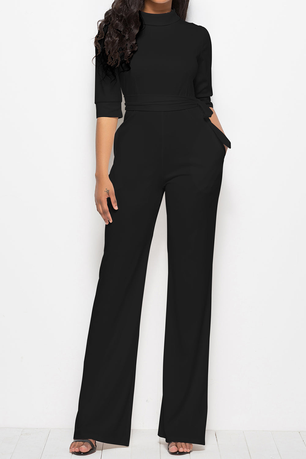 Mock Neck Tie-Waist Half Sleeve Jumpsuit Coco’s Tee Boutique