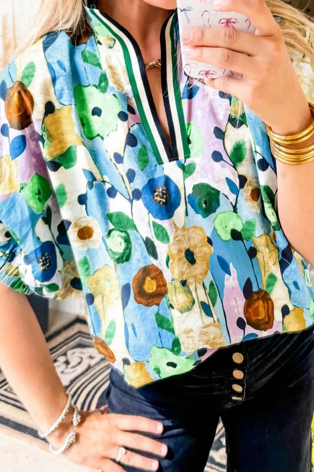 Floral Print Short Sleeve Blouse Simply Love