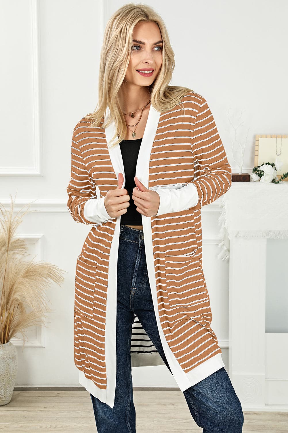 Striped Open Front Longline Cardigan.