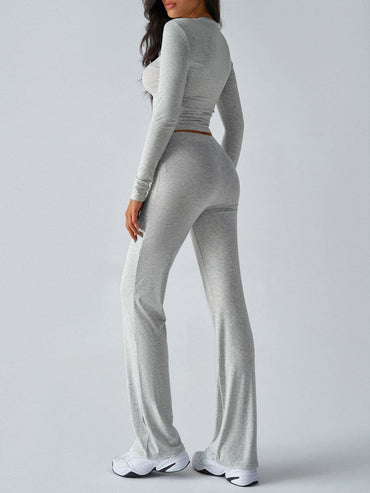 Cozy Chic Round Neck Long Sleeve Top and Drawstring Pants Ensemble