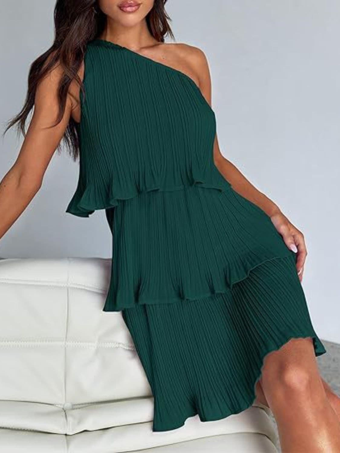 Chic sheer mini dress with ruffles, layered one-shoulder design, green color, 100% polyester.