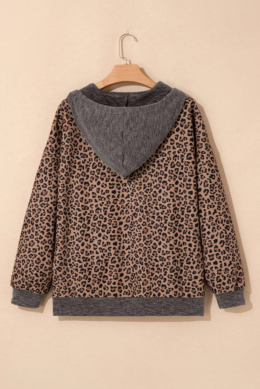 Khaki Ribbed Leopard Print Contrast Collar Zip Hooded Pullover Sweatshirt Dear-Lover Dropshipping