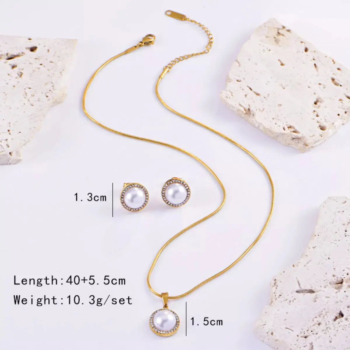 Synthetic Pearl 18K Gold-Plated Rhinestone Necklace and Earrings Jewelry Set Simply Love