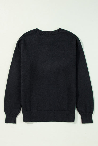 Cozy black "Boo" knitted sweater with ribbed edges for casual style