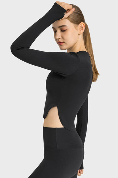 Side Slit Long Sleeve Round Neck Crop Top.