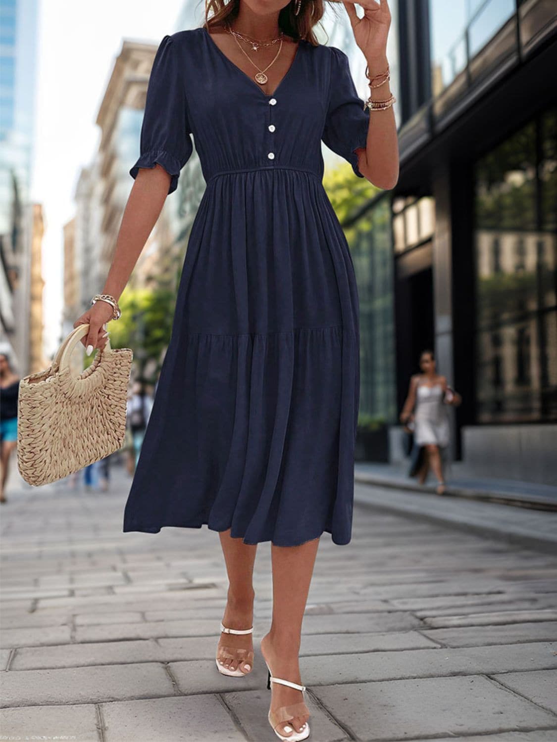 Ruched V-Neck Half Sleeve Midi Dress.