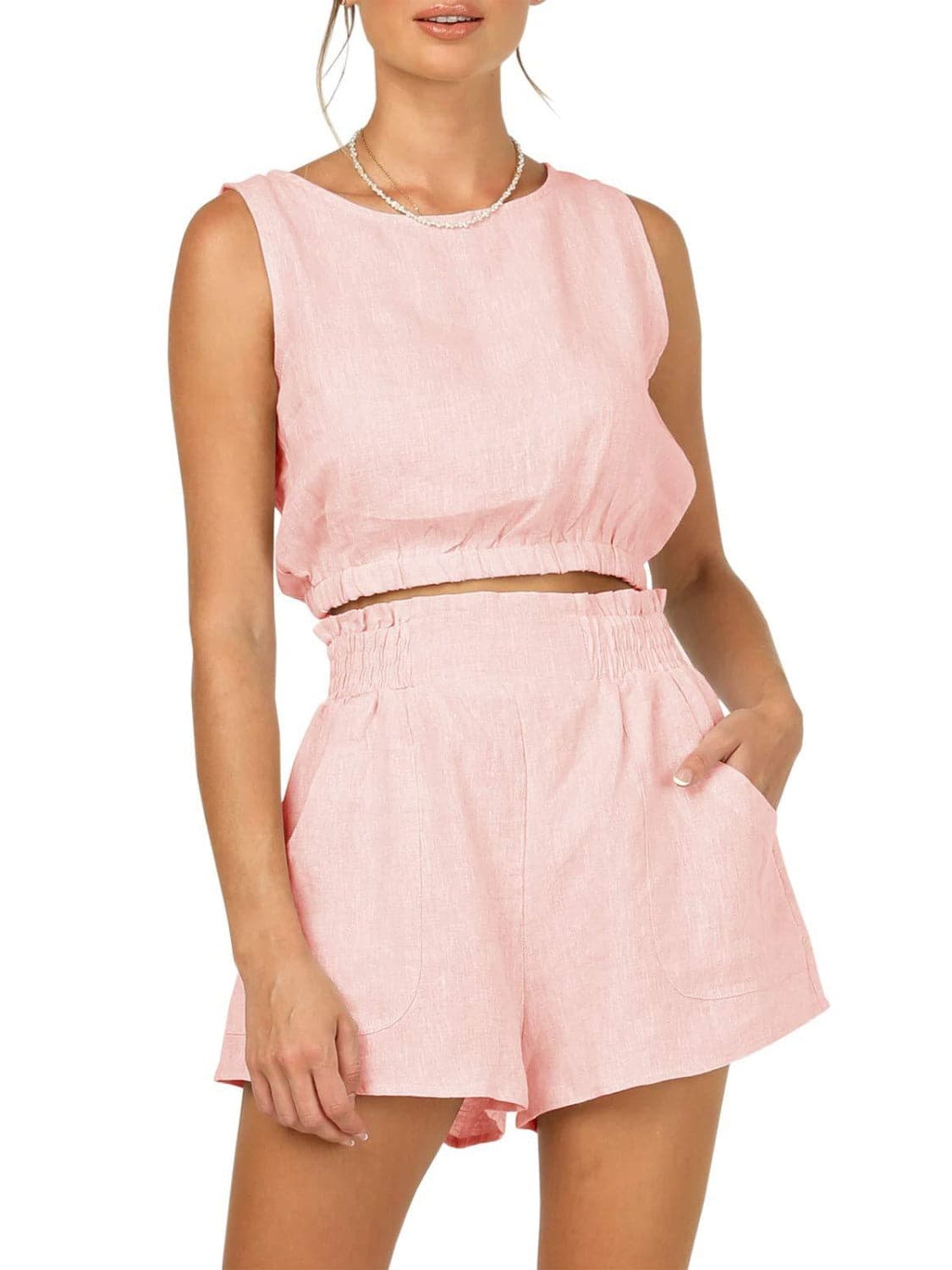 Round Neck Sleeveless Top and Shorts Set.