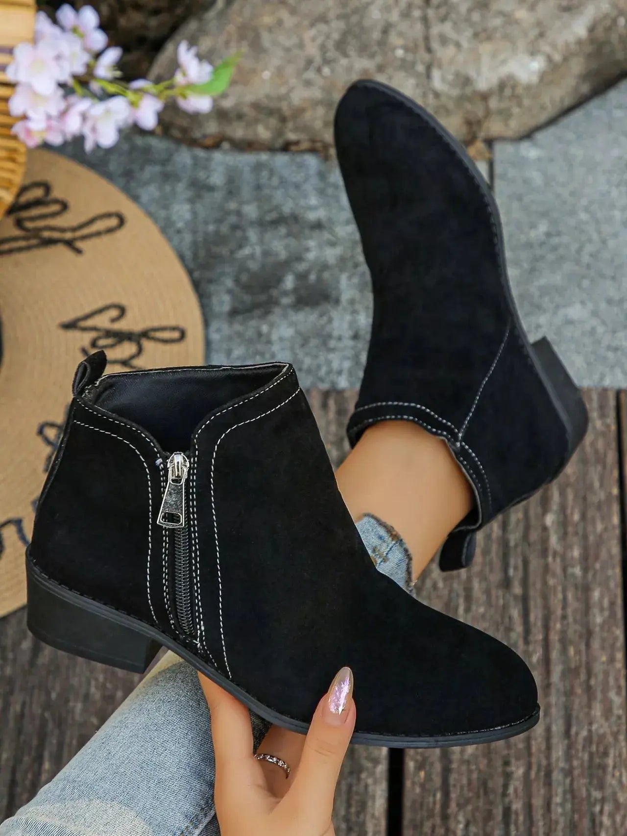 Burgundy Suede Point Toe Ankle Boots With Zipper Mid Heel Simply Love