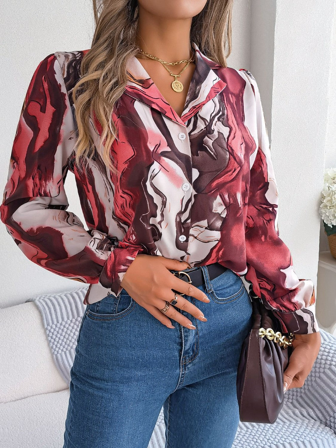 Printed Button Up Long Sleeve Shirt Coco’s Tee Boutique