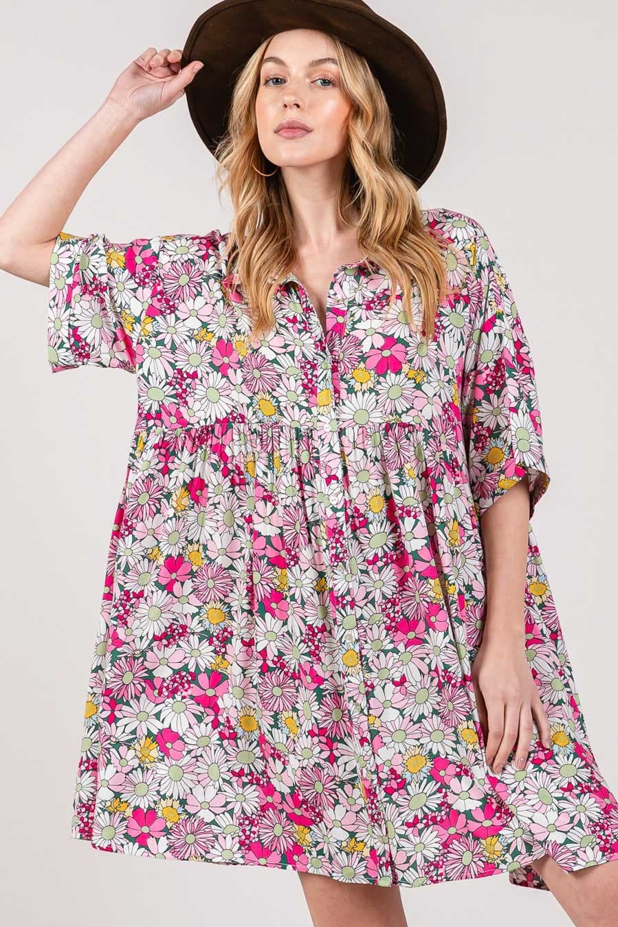 SAGE + FIG Floral Button Down Mini Shirt Dress.