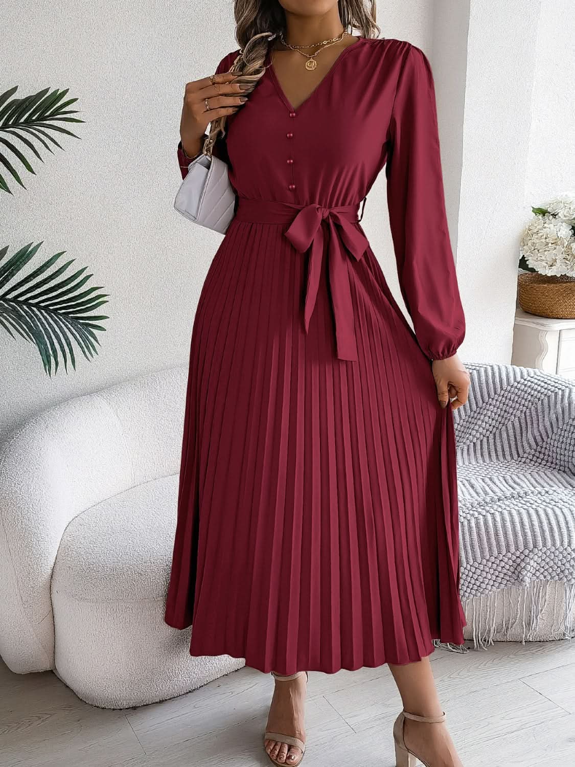Elegant V-Neck Long Sleeve Dress with Sheer Tied Design - Love Salve 