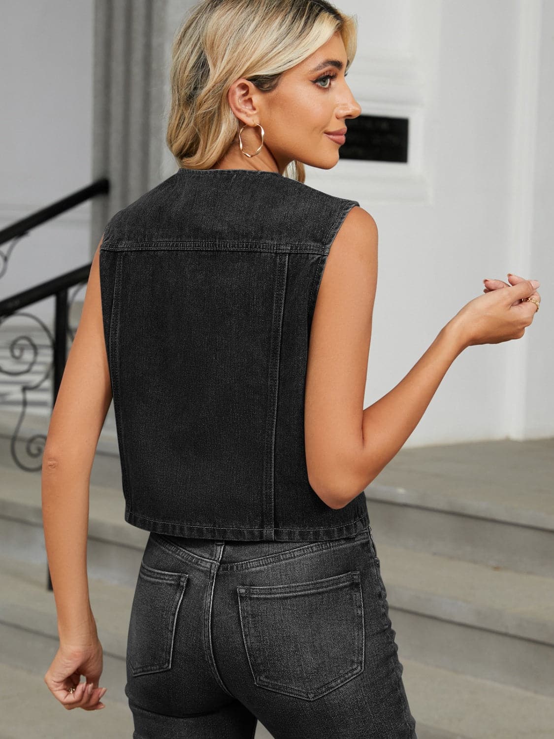 V-neck denim vest with buttons