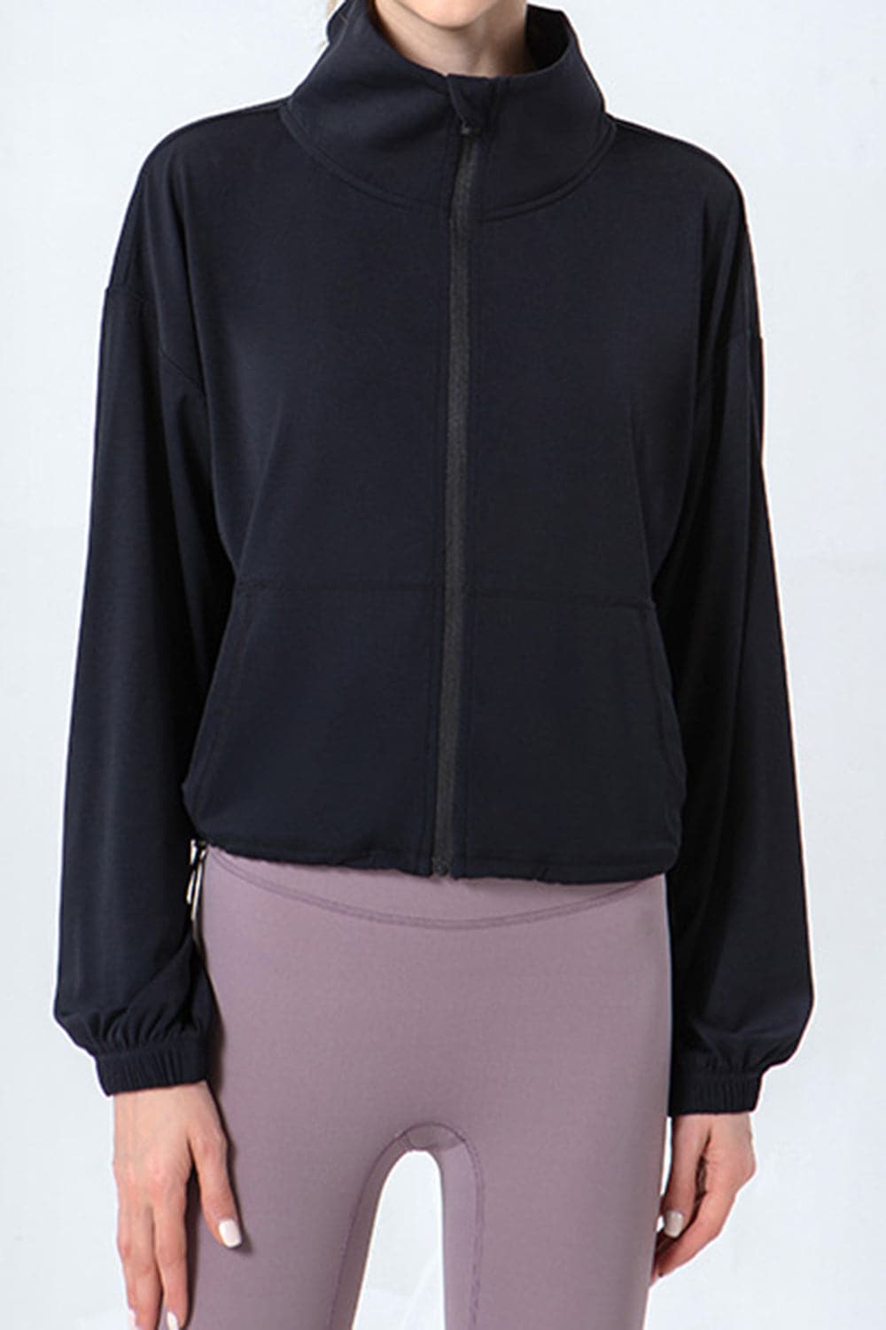 Drawstring Zip Up Dropped Shoulder Active Outerwear.