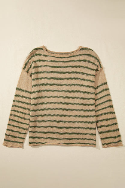 Khaki Stripe Drop Shoulder Casual Sweater