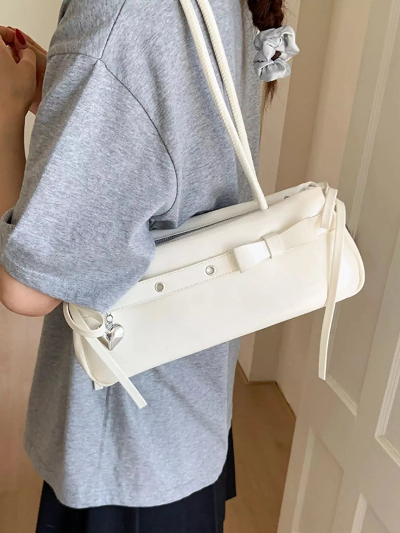 PU Leather Small Shoulder Bag With Heart Charm Elegant Tote Simply Love