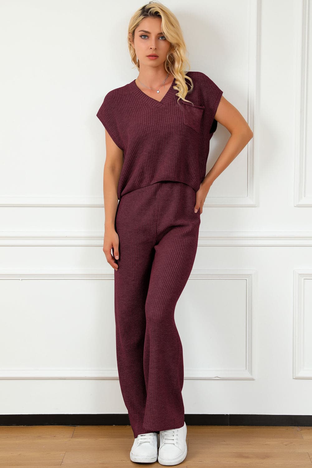 Pocketed V-Neck Top and Wide Leg Sweater Set.