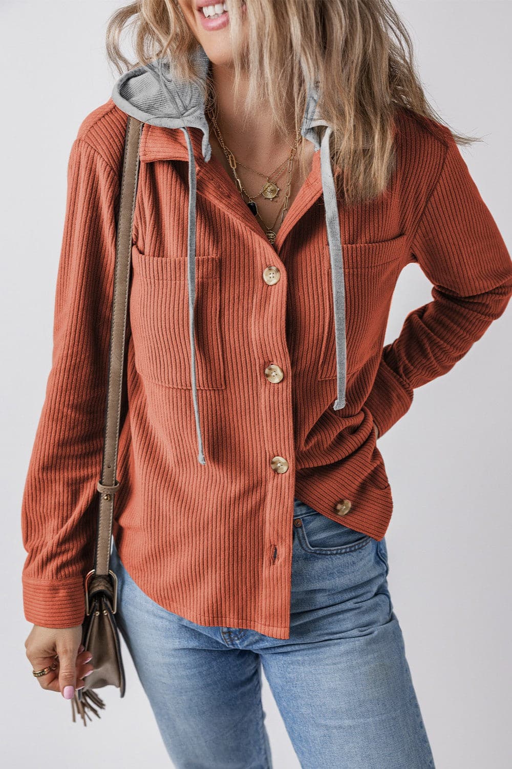 Drawstring Button Up Long Sleeve Hooded Jacket.