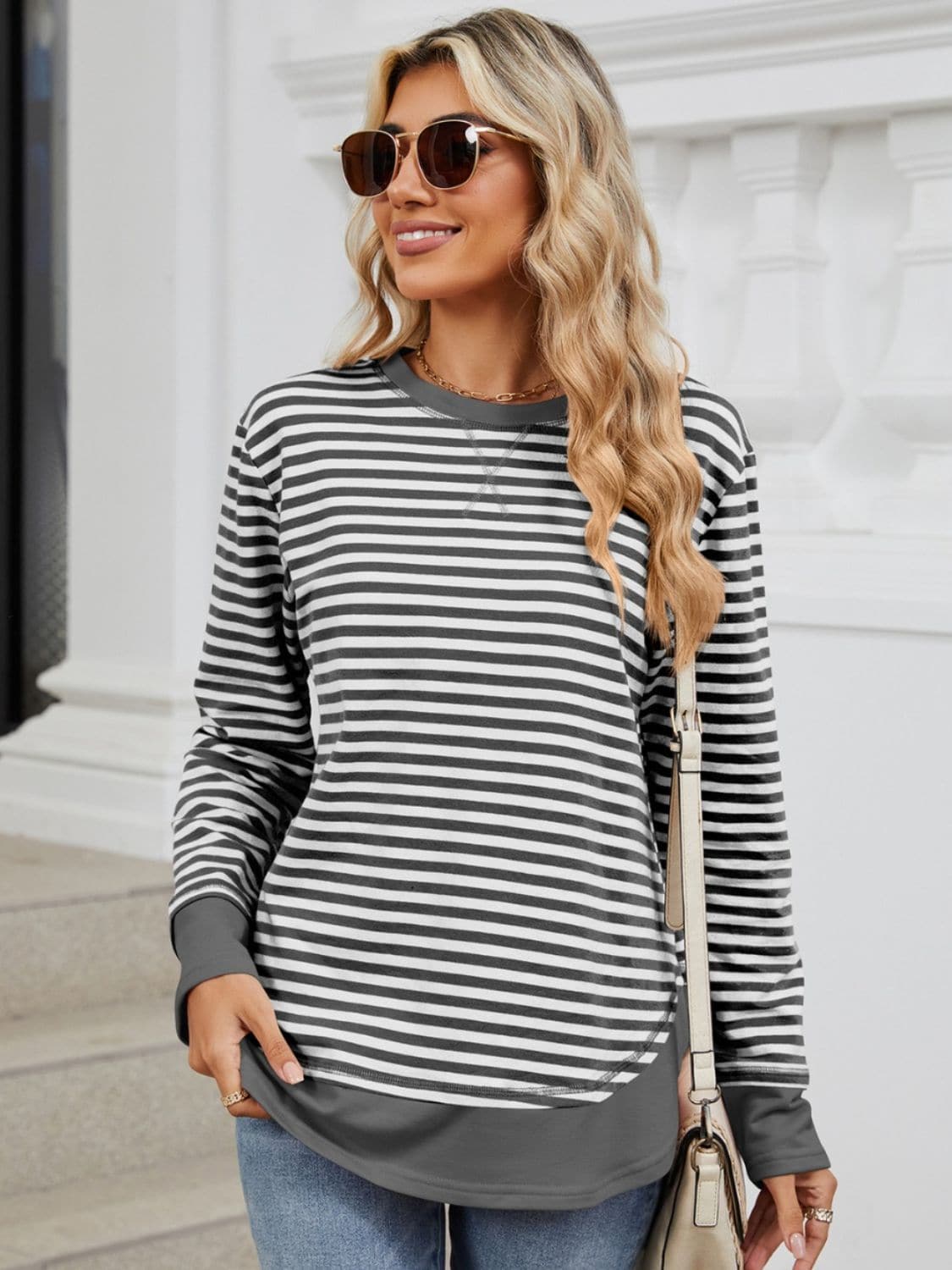 Striped Round Neck Long Sleeve Sweatshirt.