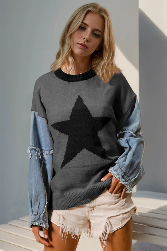 Double Take Full Size Star Pattern Raw Edge Long Sleeve Sweater - Love Salve
