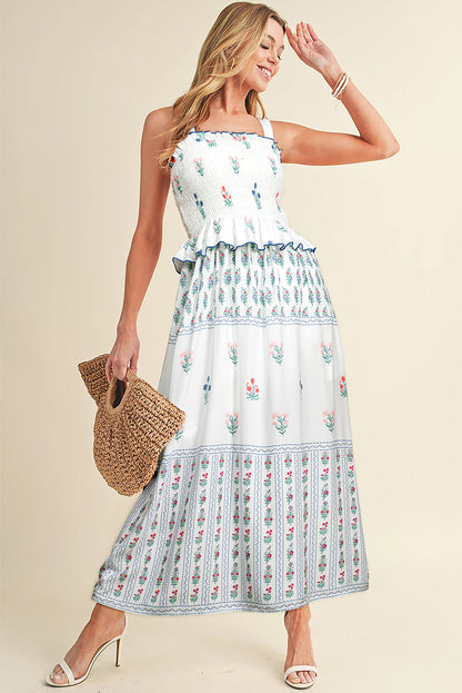 Floral Ruffled Sleeveless Maxi Dress in White