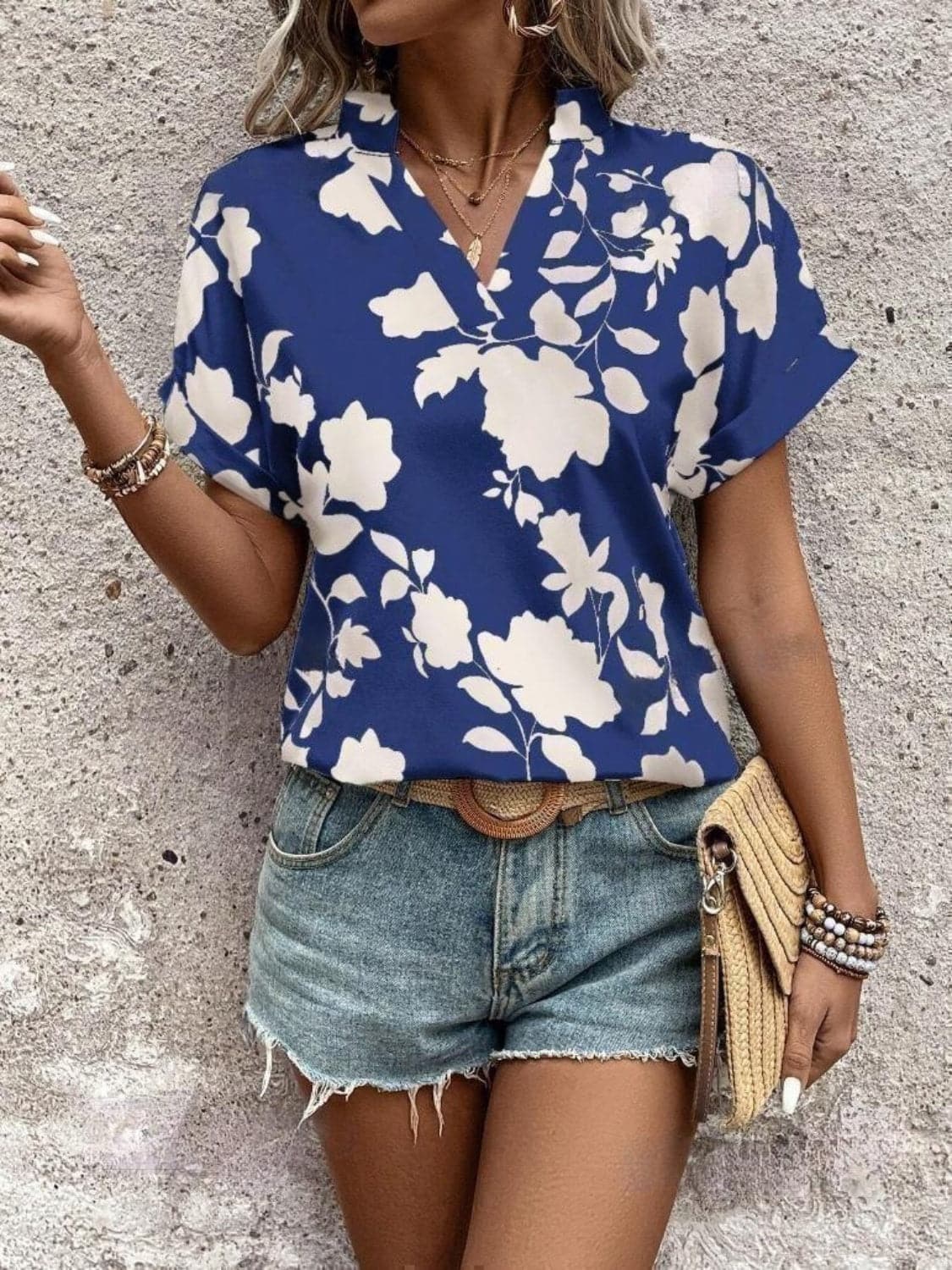 Flower Notched Short Sleeve Blouse.