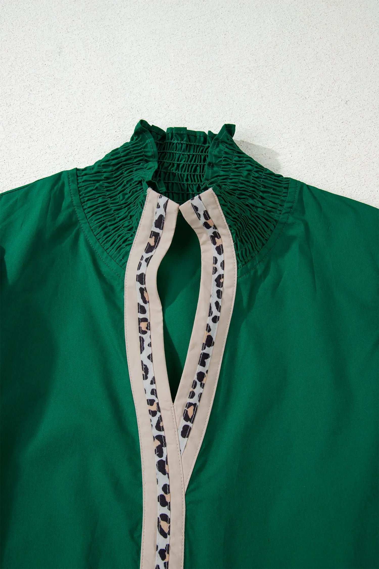 Evergreen Leopard Trim V Neck Blouse With Puffy Flounce Sleeves Dear-Lover Dropshipping