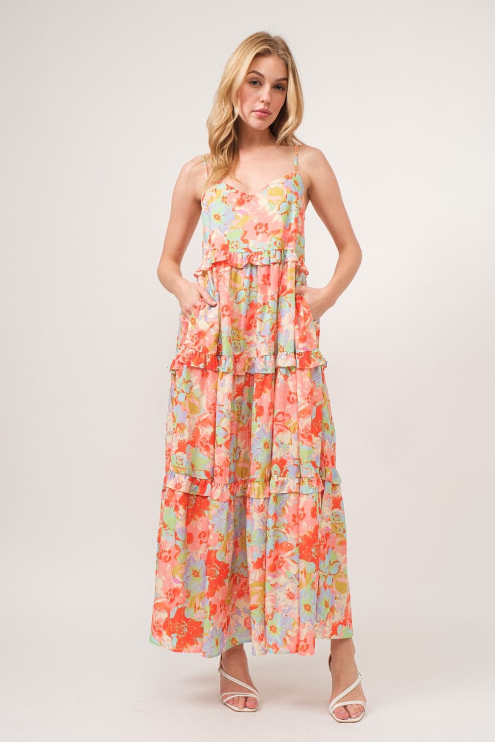 And The Why Floral Ruffled Tiered Maxi Adjustable Strap Cami Dress.