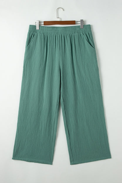 Chic smoke green plus size textured wide leg pants with frayed edges