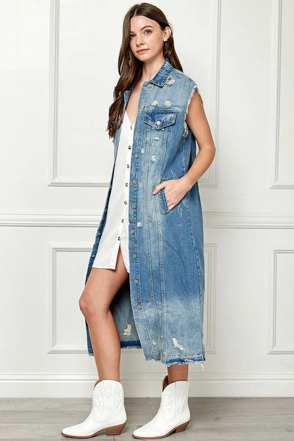 Veveret Full Size Distressed Sleeveless Longline Denim Jacket - Love Salve 