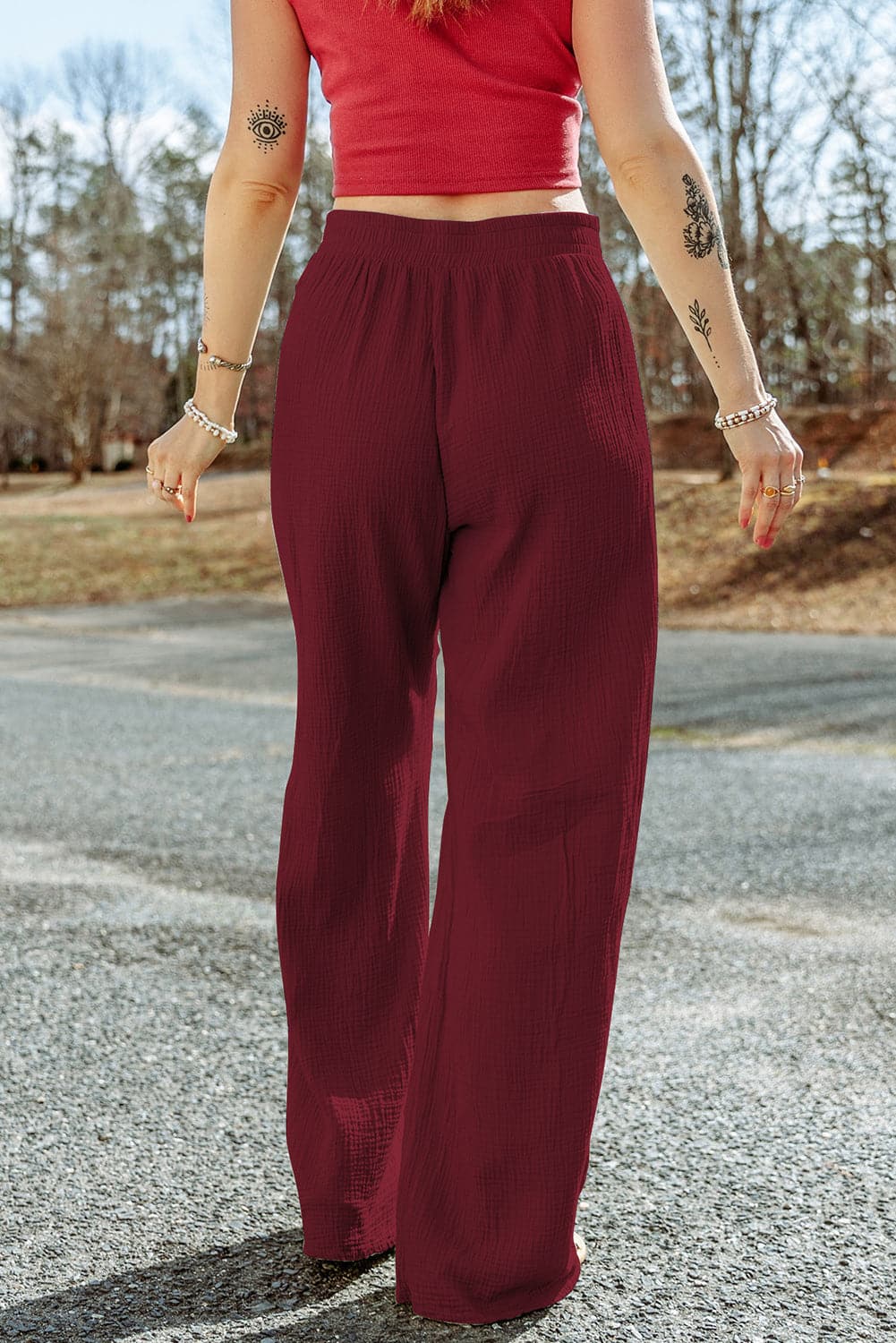 Texture Tied Wide Leg Pants.