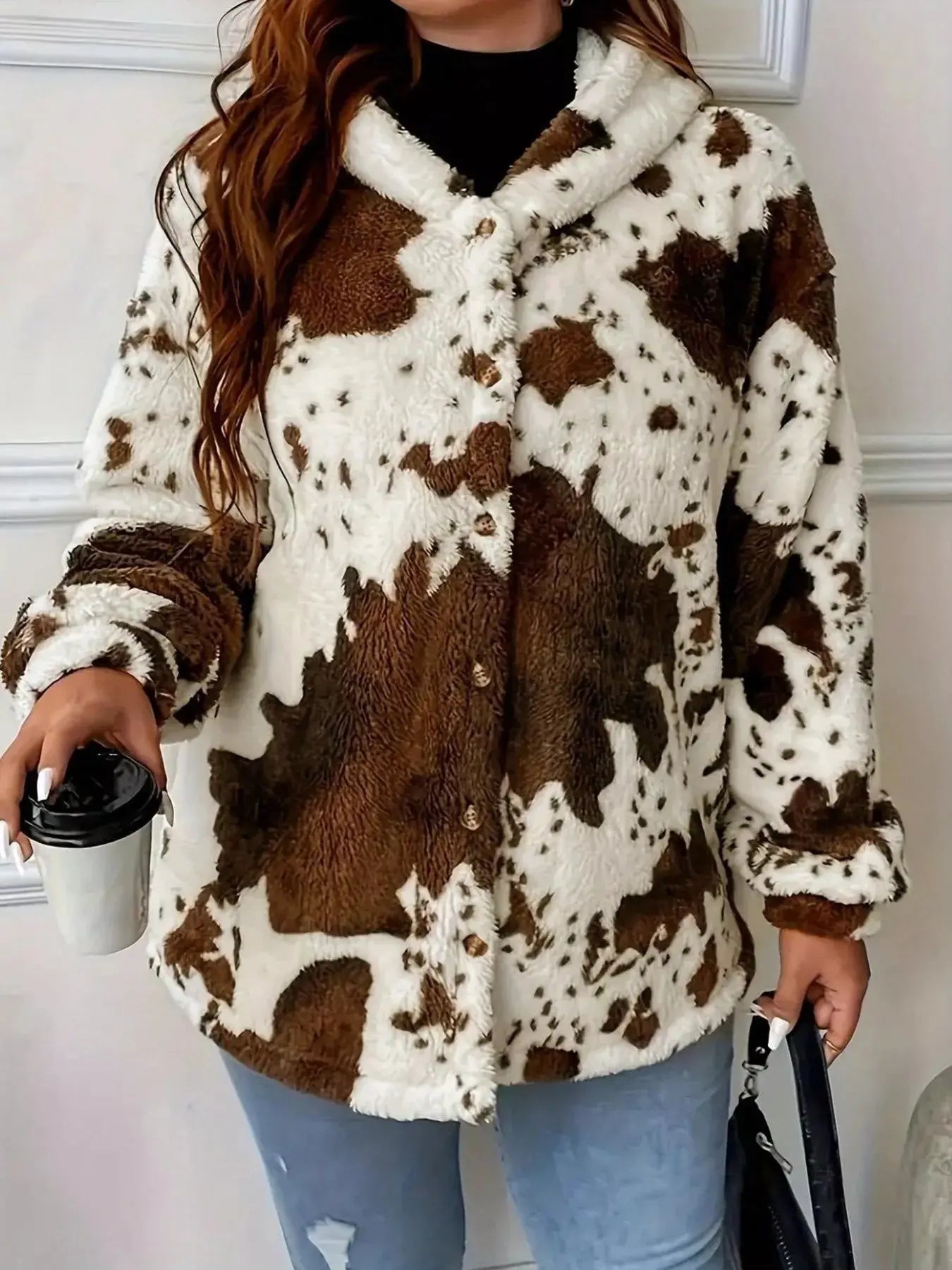 Cow Print Plush Hooded Outerwear Simply Love