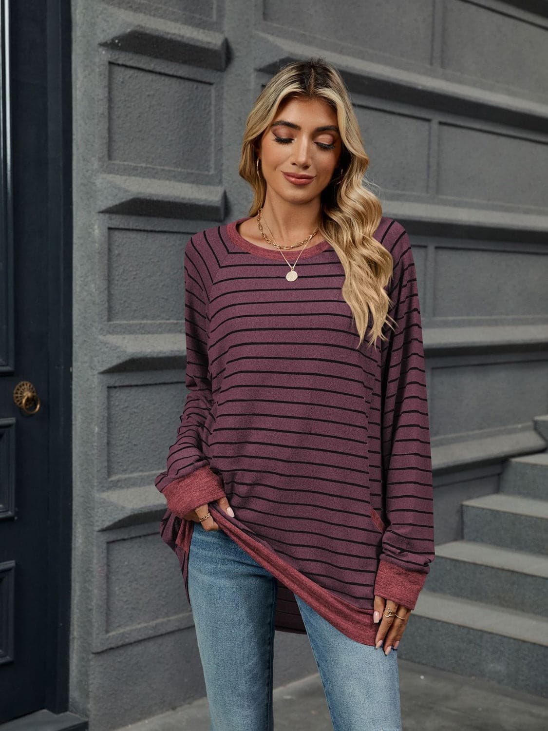 Pocketed Striped Round Neck Long Sleeve T-Shirt.