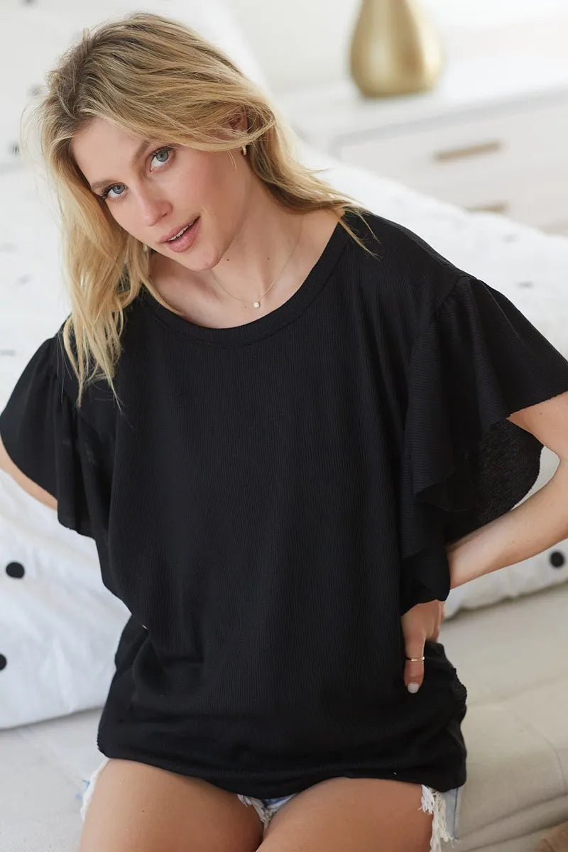 BiBi Thermal Knit with Ruffled Sleeve Top - Love Salve 