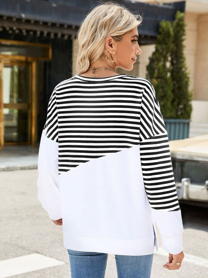 Slit Contrast Striped Long Sleeve Sweatshirt.