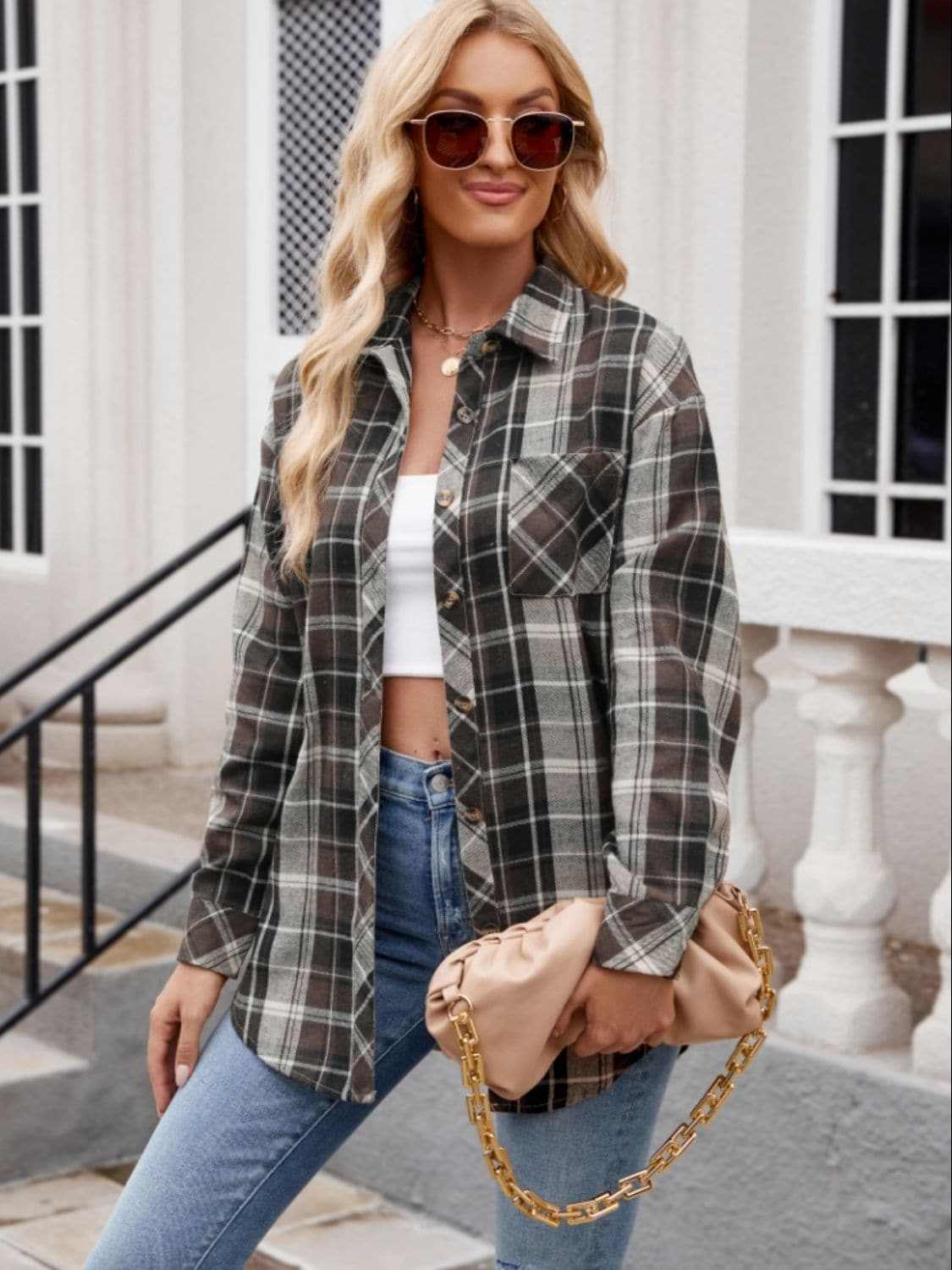 Pocketed Plaid Collared Neck Long Sleeve Shirt.