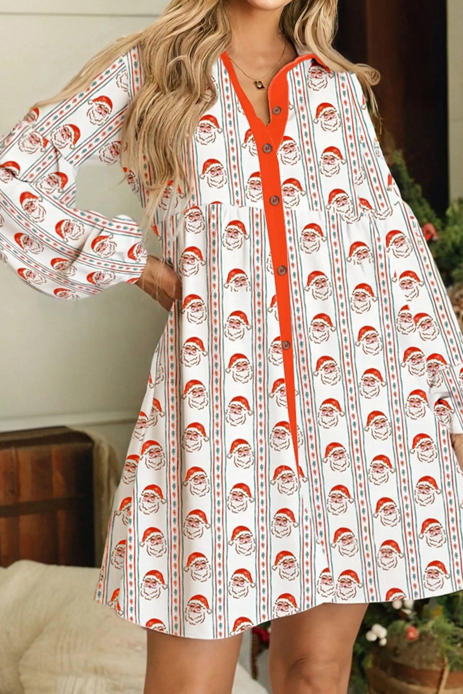 White Santa Contrast Collar Button Front Long Sleeve A Line Mini Dress Dear-Lover Dropshipping
